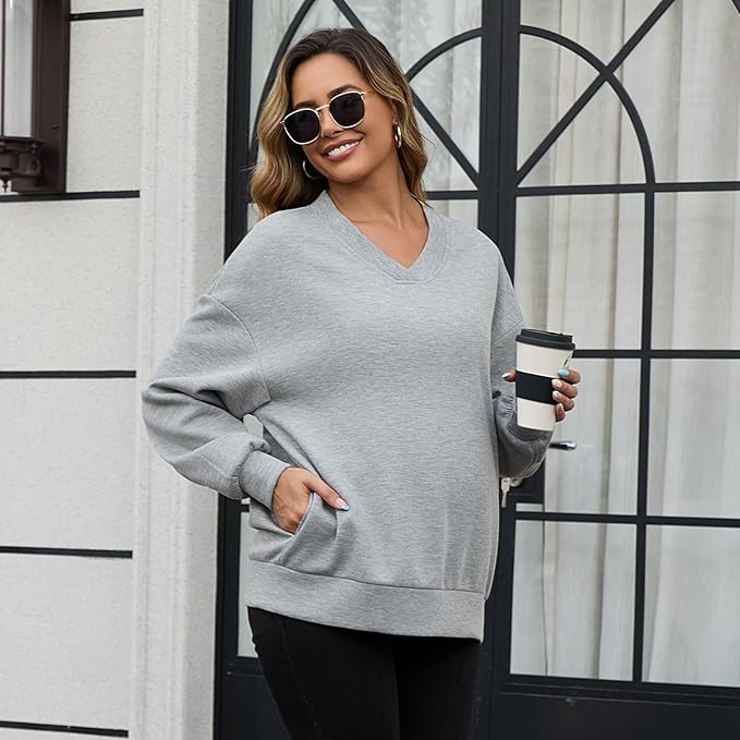 GINKANA Maternity Long Sleeve Shirts V Neck Sweatshirt Casual Tunic Tops Pregnancy Pullover with Pockets