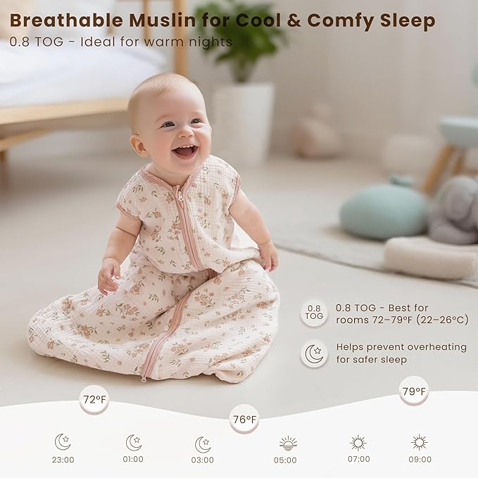 Konssy Muslin Baby Sleep Sack 0-6 Months 0.8 TOG, 2 Pack 100% Cotton Wearable Blanket for Babies, 2-Way Zipper Breathable Sleeping Sack Infant Toddler Essentials for Girls and Boys (Blossom, Pink)