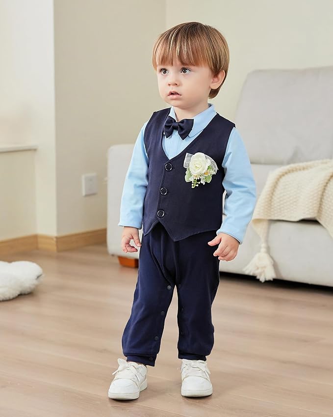 Baby Boy Clothes Gentleman Baby Suit Long Sleeve Romper+Vest+Bow Tie+Corsage 4Pcs Boys Formal Jumpsuit