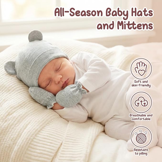 Newborn Baby Hats and Mittens Set, Cotton Infant Baby Boy Girl Bear Ears Caps - Image 4