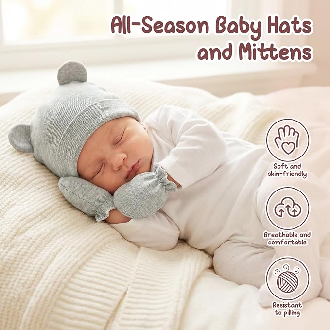 Newborn Baby Hats and Mittens Set, Cotton Infant Baby Boy Girl Bear Ears Caps - Image 4