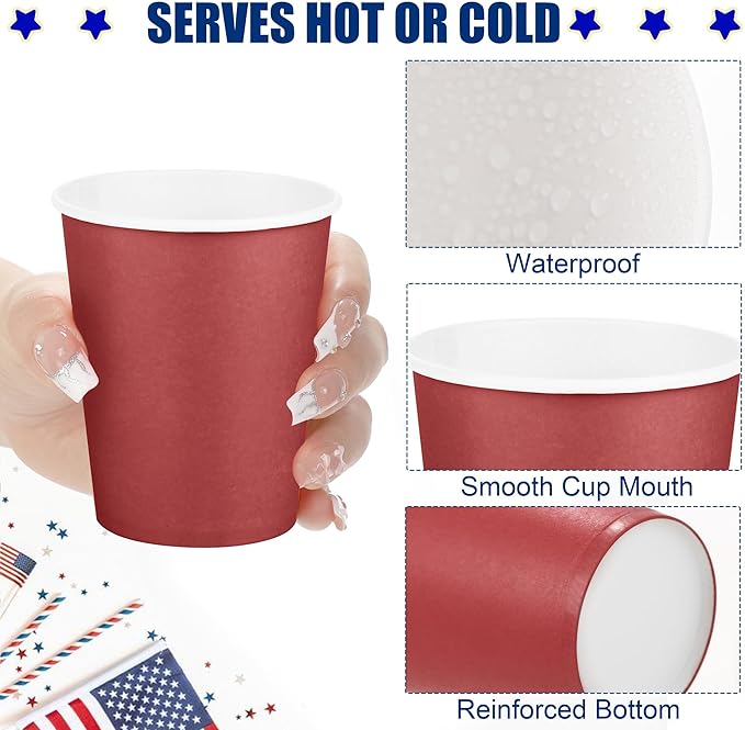 URATOT 60 Pieces 4th of July 9 Ounce Disposable Paper Cups Patriotic Blue White Red Party Paper Cups Independence Day Drinking Cup for Memorial Day Party, DIY, and Holiday