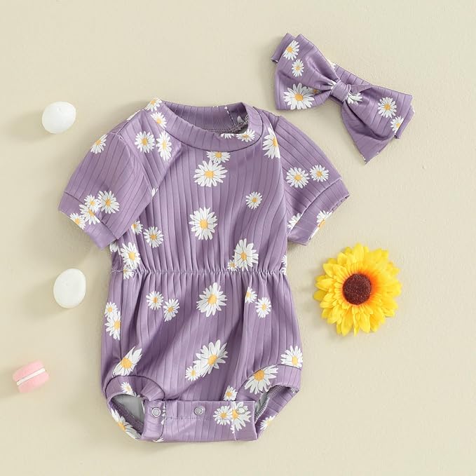 FOCUSNORM Baby Girl Summer Clothes Ribbed Short Sleeve Romper Solid Color - Image 3