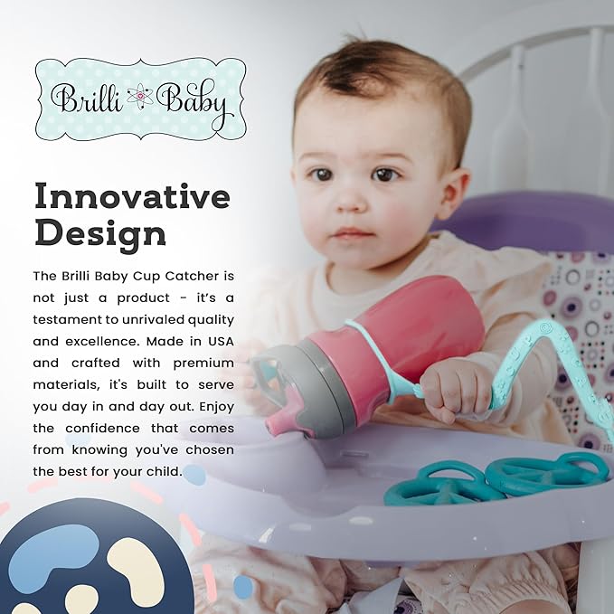 Brilli Baby Cup Catcher Patented Safety Tether Strap, Attach Sippy Cups, Bottles, Pacifiers & More to Stroller, High Chair, Car Seat, Made in USA, Food Grade, Dishwasher Safe (Navy)