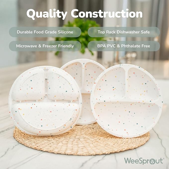 WeeSprout Silicone Divided Plates (No Lids), 100% Food Grade Silicone Divided Plates for Toddlers & Kids, Dishwasher & Microwave Safe