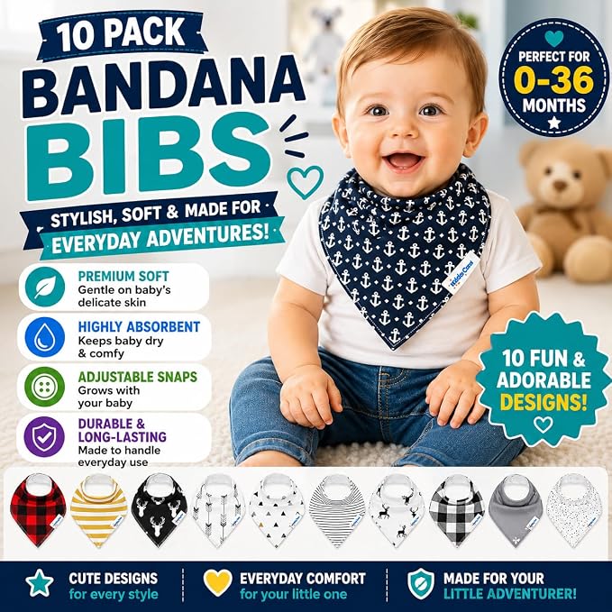 Baby Bibs | Multi-Pack Organic Cotton Bandana Drool Bibs, Soft Absorbent - Image 2