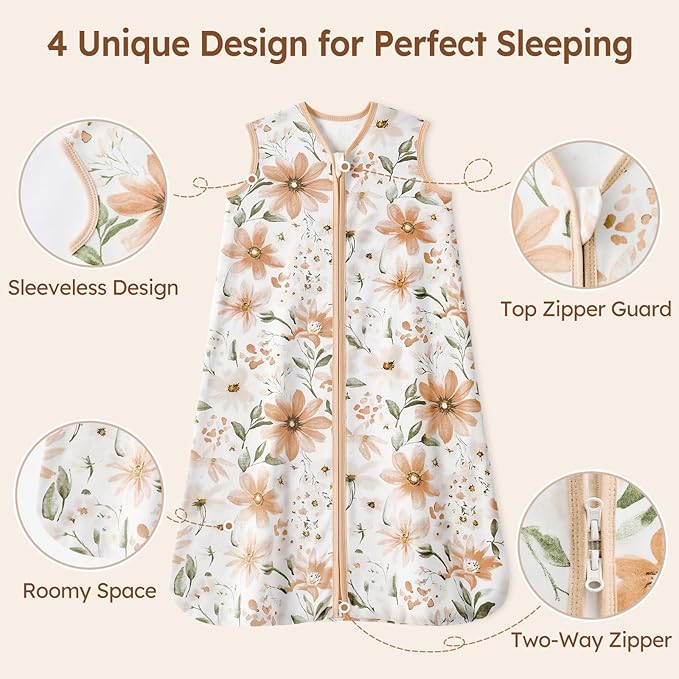 Baby Sleep Sack 6-12 Months 100% Cotton Lightweight 0.5 TOG Wearable Blanket Baby Sleep Bag with 2-Way Zipper for Newborn Infant Orange Flowers