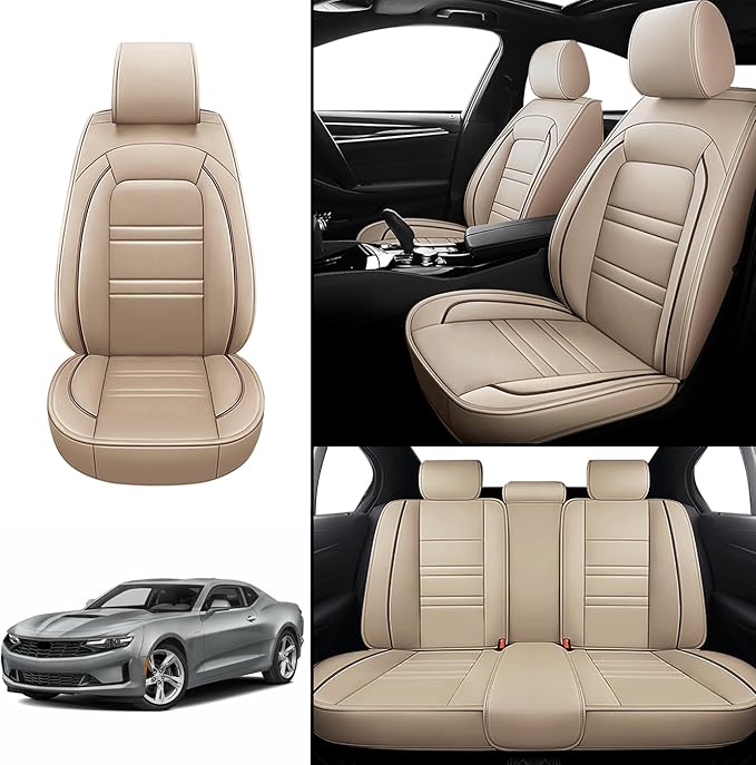 Seat Covers for Camaro 2000-2023 | 5-Seats Leather Seat Covers, Easy to Install Automotive Seat Covers Full Set (Full Set, Beige)