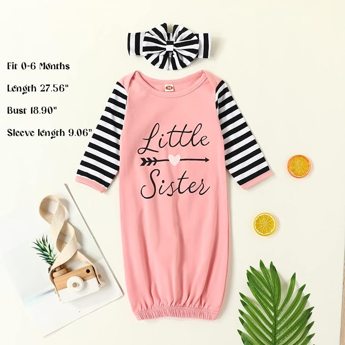 AMAWMW Newborn Baby Girl Little Sister Sleeper Gown Stripe Long Sleeve - Image 5