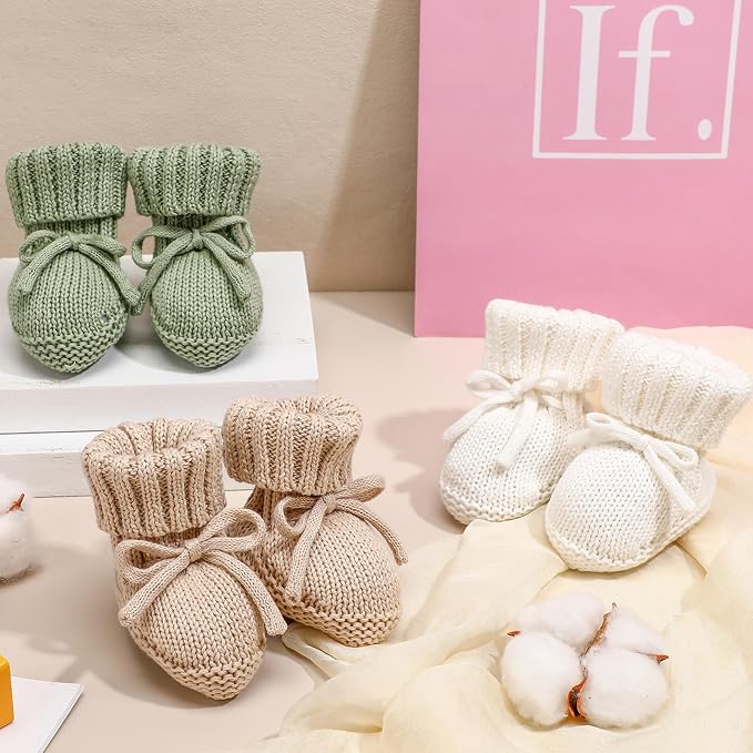 Evervibe 3 Pair Knitted Baby Booties | 100% Cotton, 0-6 Months Newborn - Image 3