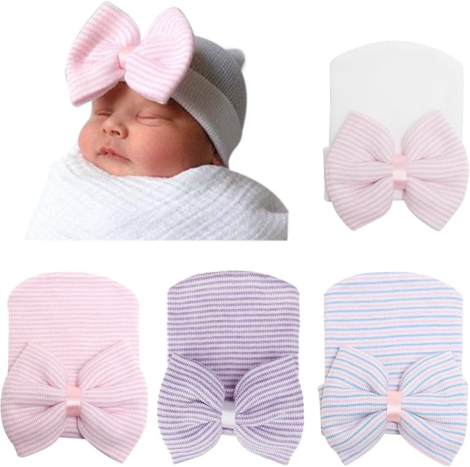 Newborn Baby Girl Hats with Bow No Scratch Cotton Toddler Infant Hat Beanie by AQOKKA