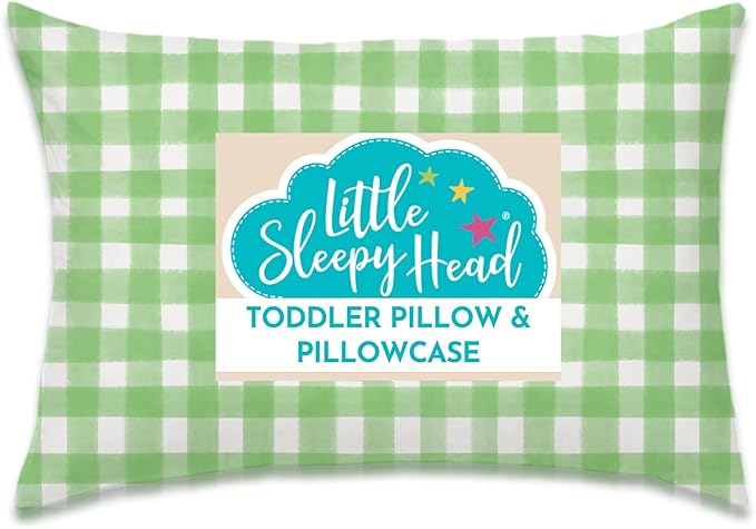 Little Sleepy Head Toddler Pillow with Pillowcase 13x18 - Kids Pillow for Sleeping - Better Neck Support Ergonomic Pillow and Toddler Pillowcase - Best Pillows for Kids (Gingham Green)