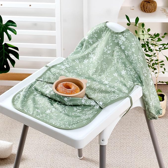 2-Pack Long Sleeve Baby Bib,Coverall Baby Bibs for Eating,Waterproof,Attaches to Highchair&Table,Ages 1 to 3 Years