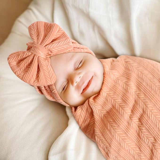 AQOKKA Newborn Receiving Blanket Wheat Ear Bow Hat Hairband Set - Image 6