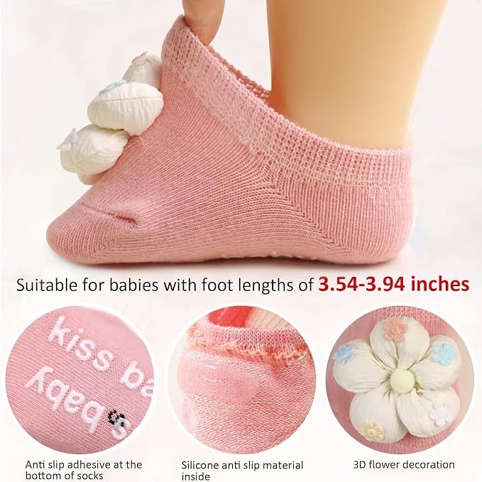 4Packs Baby Girls Socks, Flower Non-Slip Grips - Image 5