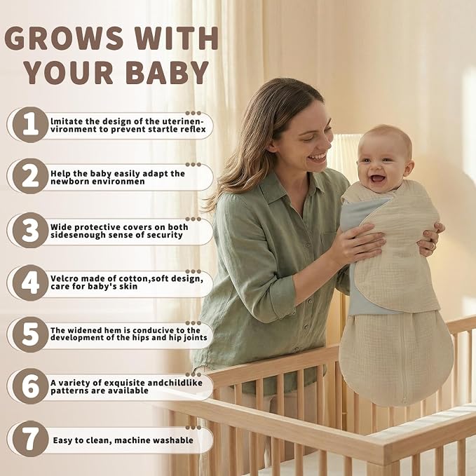 BSTOPPT Newborn Sleep Sack Baby Swaddle, 100% Muslin Cotton, 3-Way Adjustable - Image 2