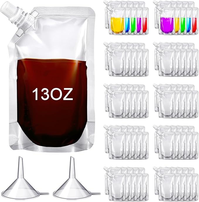 Meanplan 100 Pcs Plastic Pouches Bulk Reusable Squeeze Pouches Clear Plastic Juice Leak Proof Bags with Funnel for Party Favors Supplies(13 oz,Inclined Mouth)
