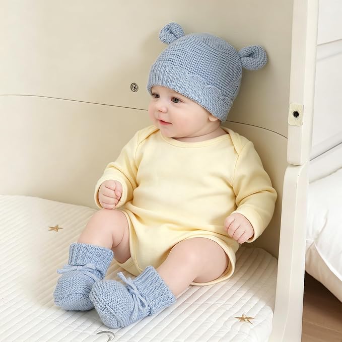 Hadetoto 100% Organic Cotton Baby Beanie and Booties Set | Newborn, Knit Sock - Image 2