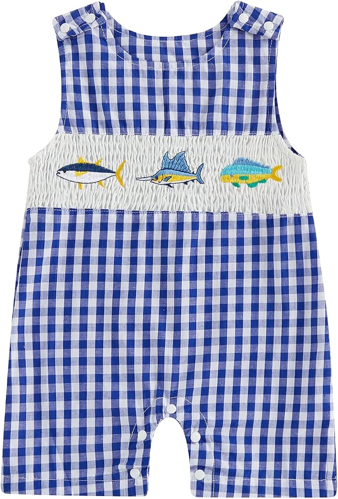 Newborn Baby Boys Sleeveless Seersucker Romper One Piece Straps Overalls by Arvbitana