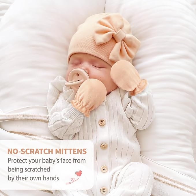BQUBO Newborn Girls Hats Baby Hat and Mittens Set Infant Caps Bow Hospital - Image 2