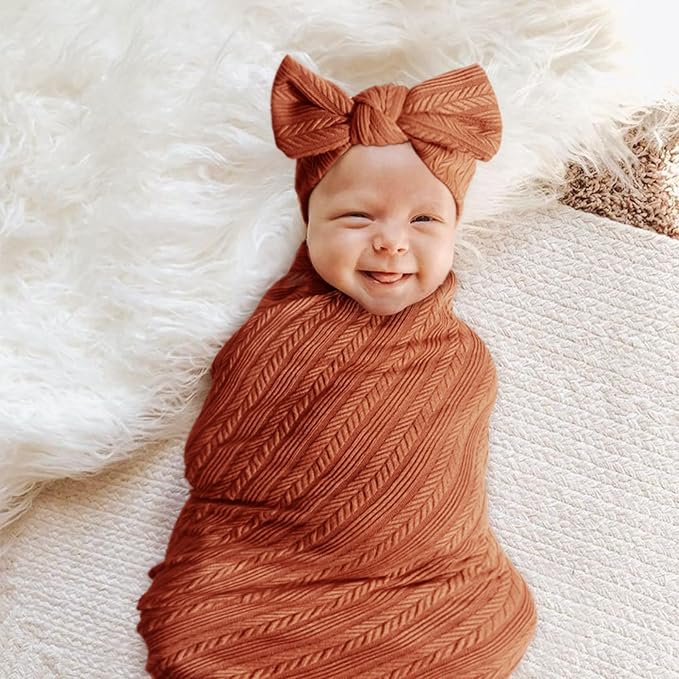 AQOKKA Newborn Receiving Blanket Wheat Ear Bow Hat Hairband Set - Image 3