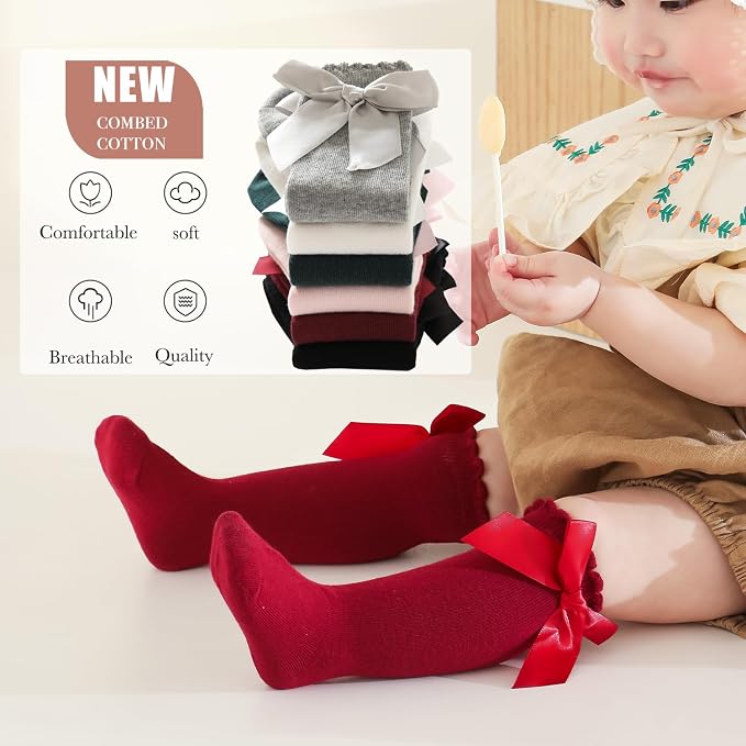 Baby Knee High Socks Newborn Ruffle Bow Socks Infant Long Sock Toddler Girls - Image 3