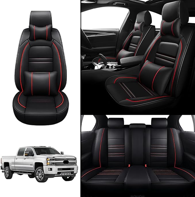 Car Seat Covers for Chevy Silverado 2007-2025 | 5-Seats Seat Covers, Waterproof Seat Protectors, Automotive Seat Covers (Full Set with Pillow,Black&Red Line)
