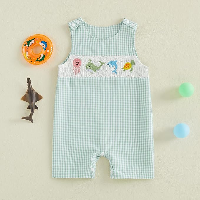 Newborn Baby Boys Sleeveless Seersucker Romper One Piece Straps Overalls - Image 2