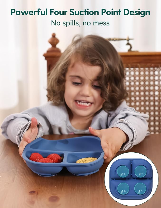 BABELIO Powerful Suction Plates for Baby and Toddler, 100% Food Grand Silicone, Divided, BPA Free, Microwave & Dishwasher Safe, Stay Put, 3 Pack