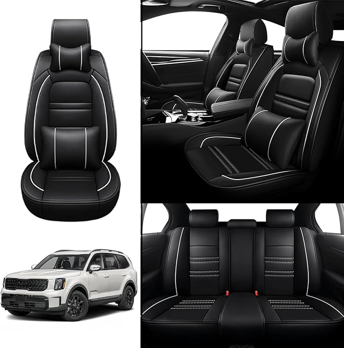 Car Seat Covers for kia Telluride 2020-2025 | 5-Seats Seat Covers, Waterproof Seat Protectors, Automotive Seat Covers (Full Set with Pillow,Black&White Line)