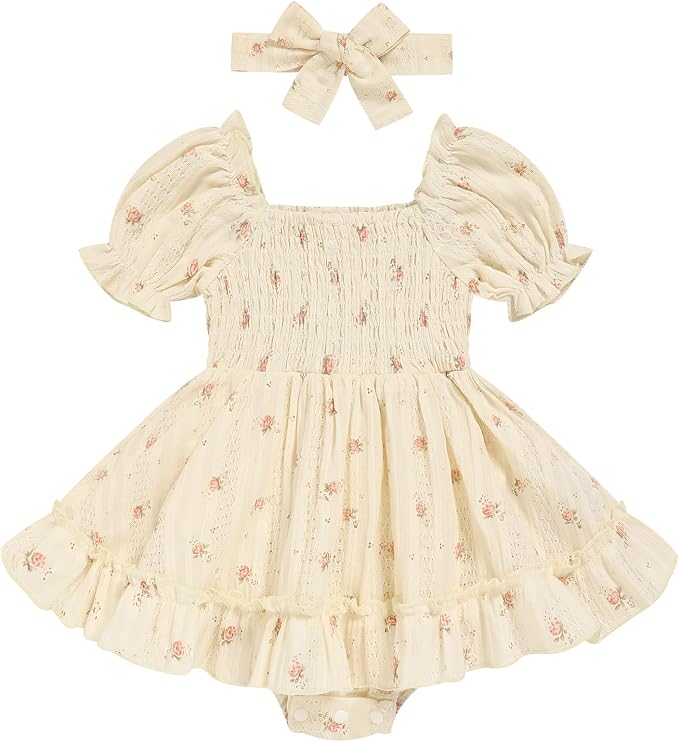 GRNSHTS Baby Girl Romper Dress, Puff Sleeve Smocked Outfit by GRNSHTS