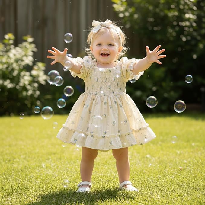 GRNSHTS Baby Girl Romper Dress, Puff Sleeve Smocked Outfit - Image 3