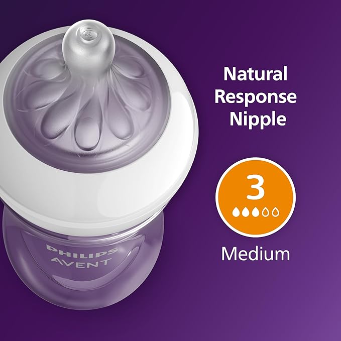 Philips Avent Natural Baby Bottles with Natural Response Nipples (Medium Flow, Flow 3), 9oz, Blue, 4-Pack, SCY903/24