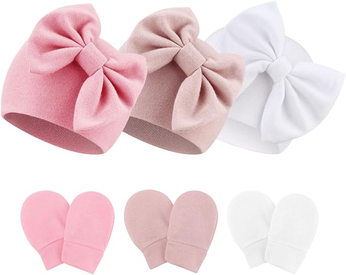 Newborn Baby Hats and Mittens Set Infant Bow Beanie Cap Toddler Gloves Newborn by AQOKKA