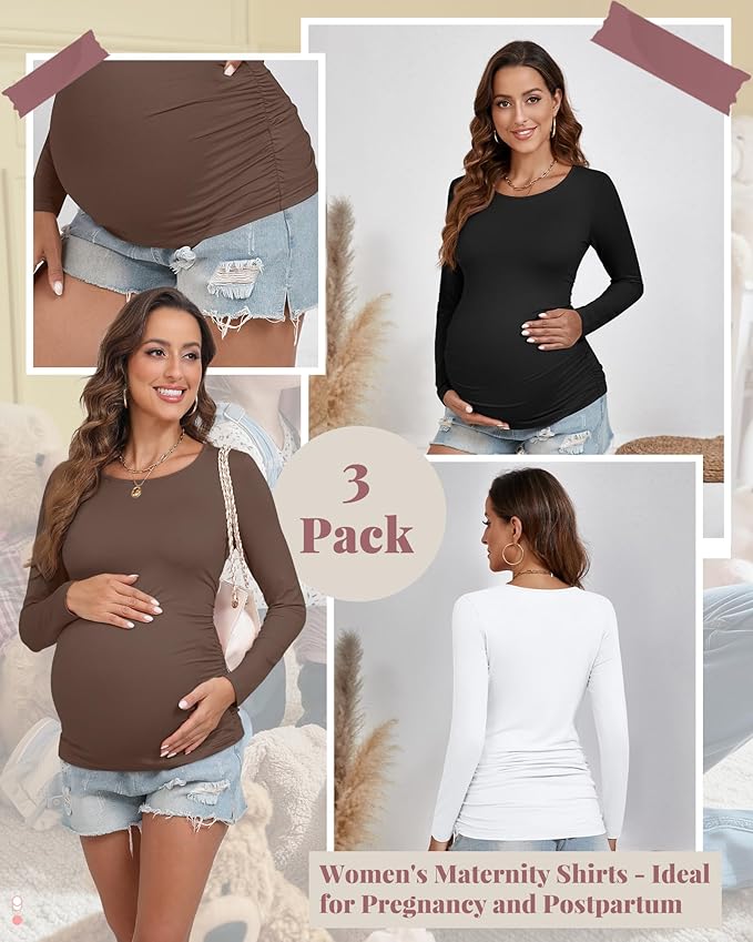 Ficerd 3 Pack Women's Maternity Shirts, Long Sleeve Side Ruched Pregnancy Tee Tops Crew Neck Casual Mama Clothes Basic Tunic