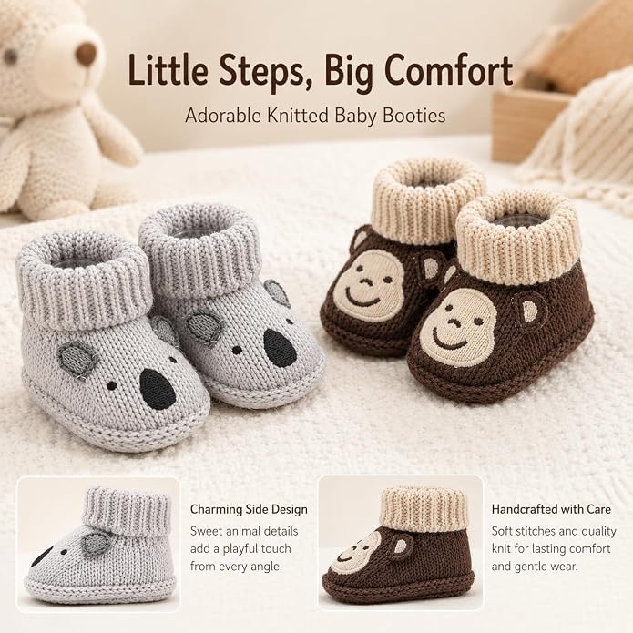 2 Pairs Baby Booties Newborn First Walkers Cozy Shoes Warm Knit Soft Booties - Image 7