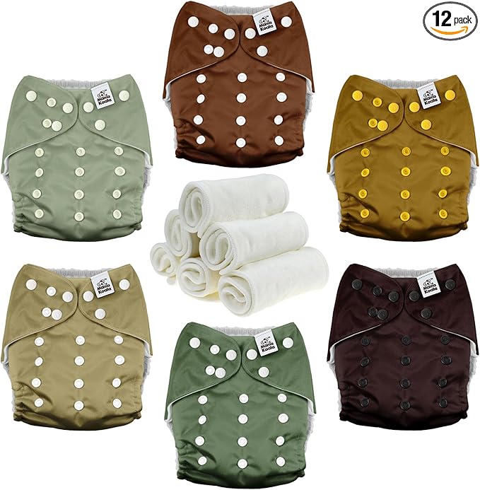 Mama Koala 3.0 Cloth Diapers for Babies with AWJ Lining, 6 Pack with 6 Natural Cloth Diaper Inserts - Reusable and Washable Pocket Diapers (Pinetree Cabin)