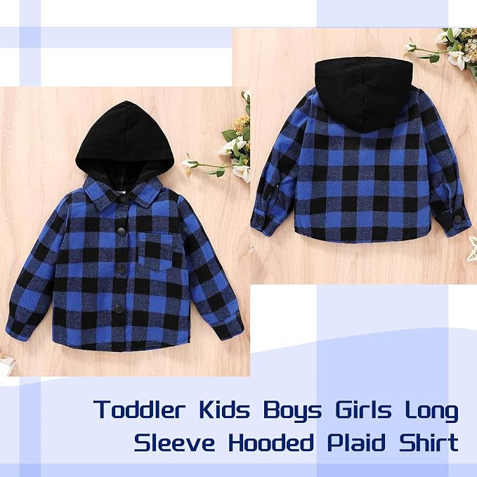 YOUNGER STAR Toddler Kids Boys Girls Flannel Hooded Plaid Shirt Button Baby Red - Image 3