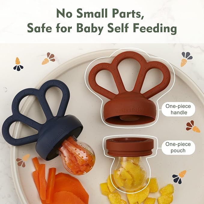 Bessentials Carrot Baby Fresh Fruit Food Feeder & 2 Pack Silicone Mesh Feeders | Safe Infant Self-Feeding|Includes 3 Sizes of Food Pouches |Suitable for Baby 4M+|BPA-Free (Navy Blue & Ruby)