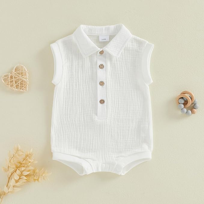 Honganda Newborn Baby Boy Cotton Linen Romper Short Sleeve Lapel Collar Button - Image 4