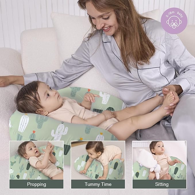 Little Grape Land Nursing Pillow,Upgraded Breast Feeding Pillow for Mom,Breastfeeding & Bottle Feeding for 0–12 Months, Soft Machine Washable Cover with Firm Breathable Filling, Tummy Time,Cactus