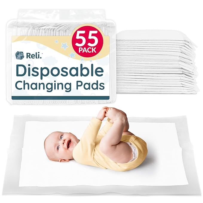 Reli. Disposable Changing Pads for Baby (55 Pack) | 18" x 24" Disposable Diaper Changing Pads, Large | Super Absorbent, Leak-Proof Liners | Waterproof, Quick Dry Underpads (White)