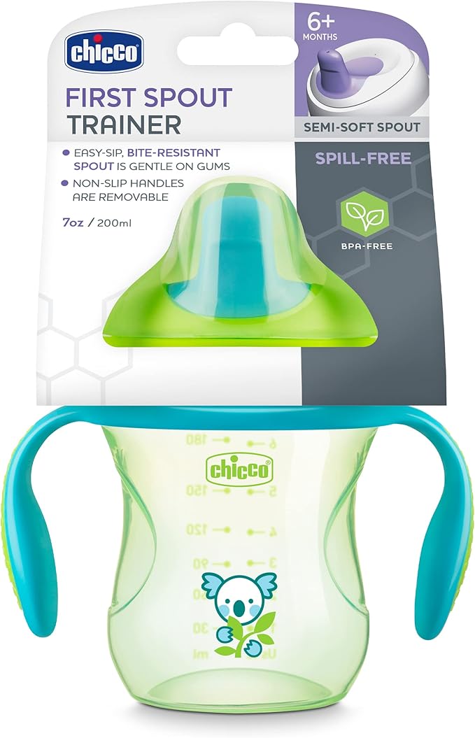 Chicco Semi-Soft Trainer with Bite-Resistant Spout and Spill-Free Lid 7oz.| Removable, Non-Slip Handles | Top-Rack Dishwasher Safe | Easy to Hold Ergonomic Indents | Green| 6+ months