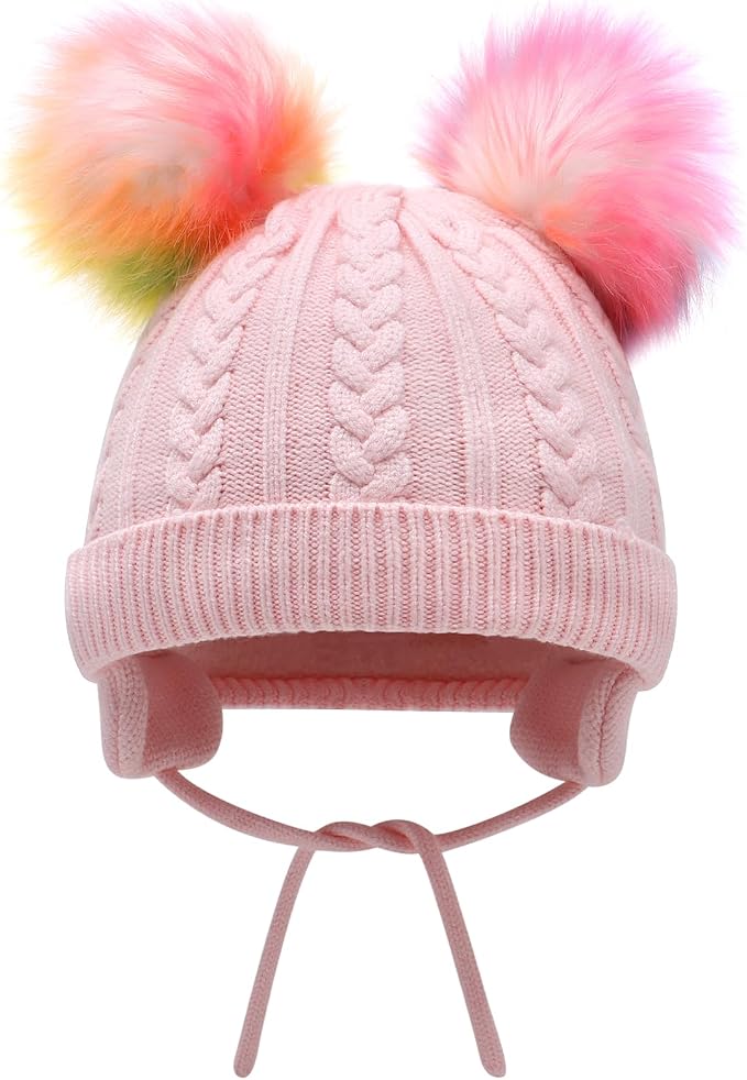 Duoyeree Toddler Winter Hat, Earflap Double Pom Pom Knit Beanie 0-36M - Image 2