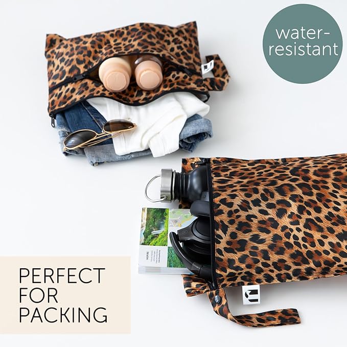 Bumkins Roamio Waterproof Wet Bag & Wet/Dry Clutch Set – Reusable Travel Organizers for Swim, Beach, Gym, Baby Gear, Cloth Diapers, Pump Parts, Pool, Toiletries – Machine Washable, Leopard 2-Pack