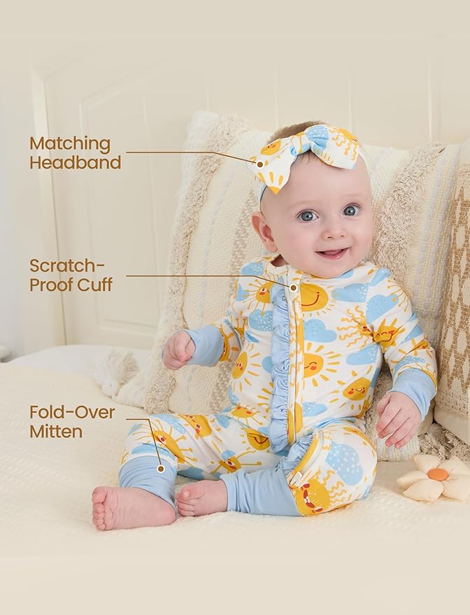 PATPAT Baby Girl Boy Clothes Newborn Infant Footie – Soft Viscose from Bamboo– 2-Way Zipper, Fold-Over Mitten, Ruffle Trim
