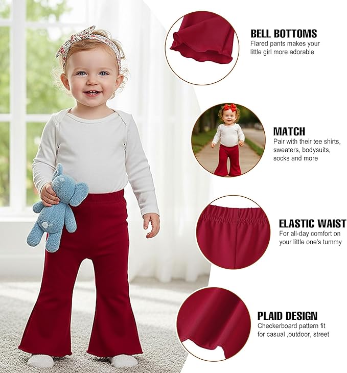 SOBOWO Checkered Baby Girl Flare Pants 3 Pack Toddler Bell Bottoms Plaid Ruffle Leggings Pants Fall Winter Outfits Size 6M-4T