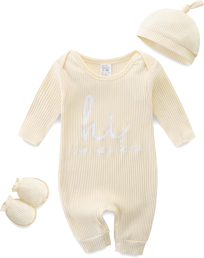 Baby Romper with Baby Mittens & Newborn Hats Footless Long Sleeve by Unknown