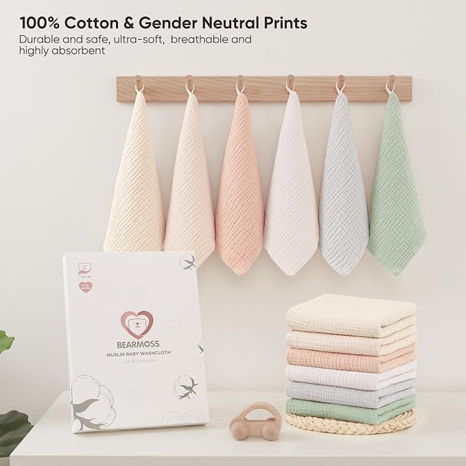 Bearmoss 12 Pack Baby Muslin Washcloths, 100% Cotton 10"x10" Face Towels - Image 7