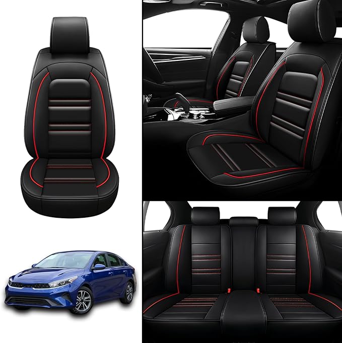 Seat Covers for kia Forte 2010-2024 | 5-Seats Leather Seat Covers, Easy to Install Automotive Seat Covers Full Set (Full Set, Black&Red Line)